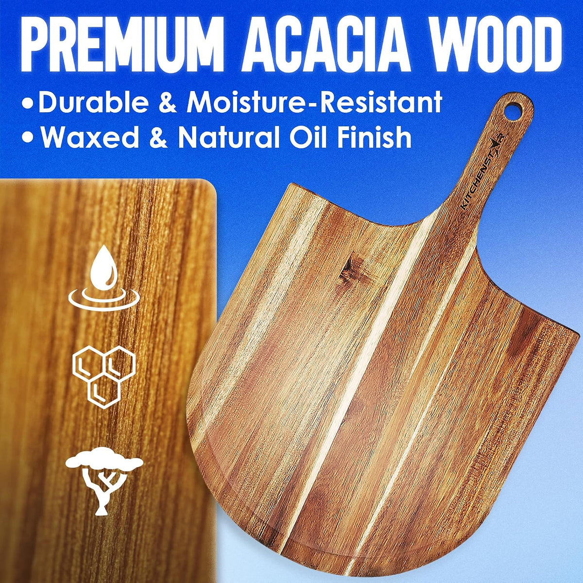 16-Inch Acacia Wood Pizza Peel – Extra Large Wooden Cutting &amp; Serving Board with Handle – Natural Oil Finish – Ideal Pizza Oven Accessory for Easy Sliding &amp; Prep