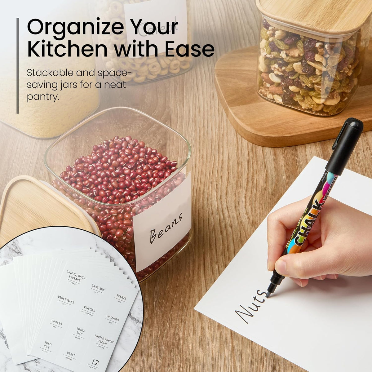 Talented Kitchen Square Glass Food Storage Containers - Airtight & Labeled Glass Kitchen Storage Containers - Space-Saving Stackable Square Pantry Jars - Pack of 6, 24/37/51 fl oz