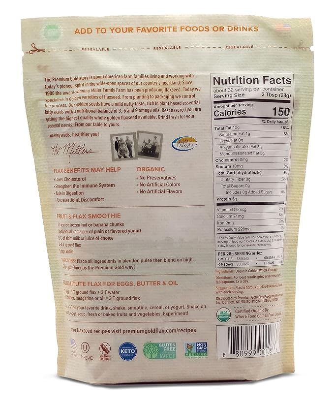 Premium Gold | Organic Whole Flax Seed | 2 lbs, Gluten-Free, Non-GMO, Kosher, Raw Seeds, Excellent Source of Fiber, Source of Omega-3, Plant-Based Protein, Ideal for Beverages, Baking & Topping