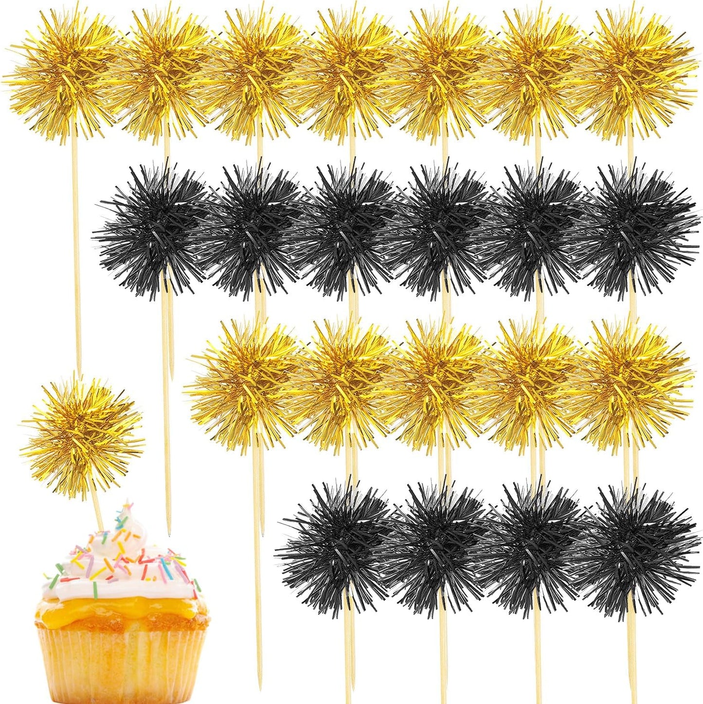 80 Pcs Firework Cupcake Topper Gold Graduation Cake Decorations Foil Frill Toothpicks for Party Deco