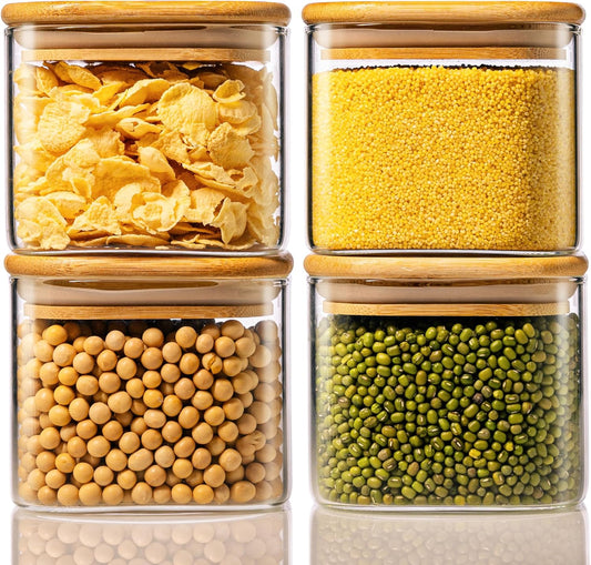21oz - 4 Pack Square Glass Jars with Bamboo Lids, Glass Food Storage Containers with Airtight Lids, Air Tight Pantry Storage