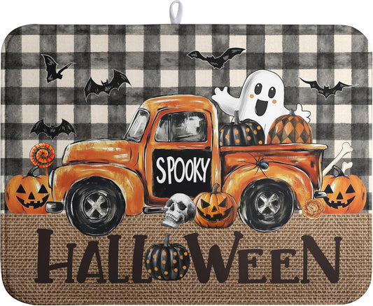 Halloween Buffalo Plaid Dish Drying Mat Fall Pumpkin Rustic Large Kitchen Mats Dish Drying Pad Absorbent Dish Dryer Mat for