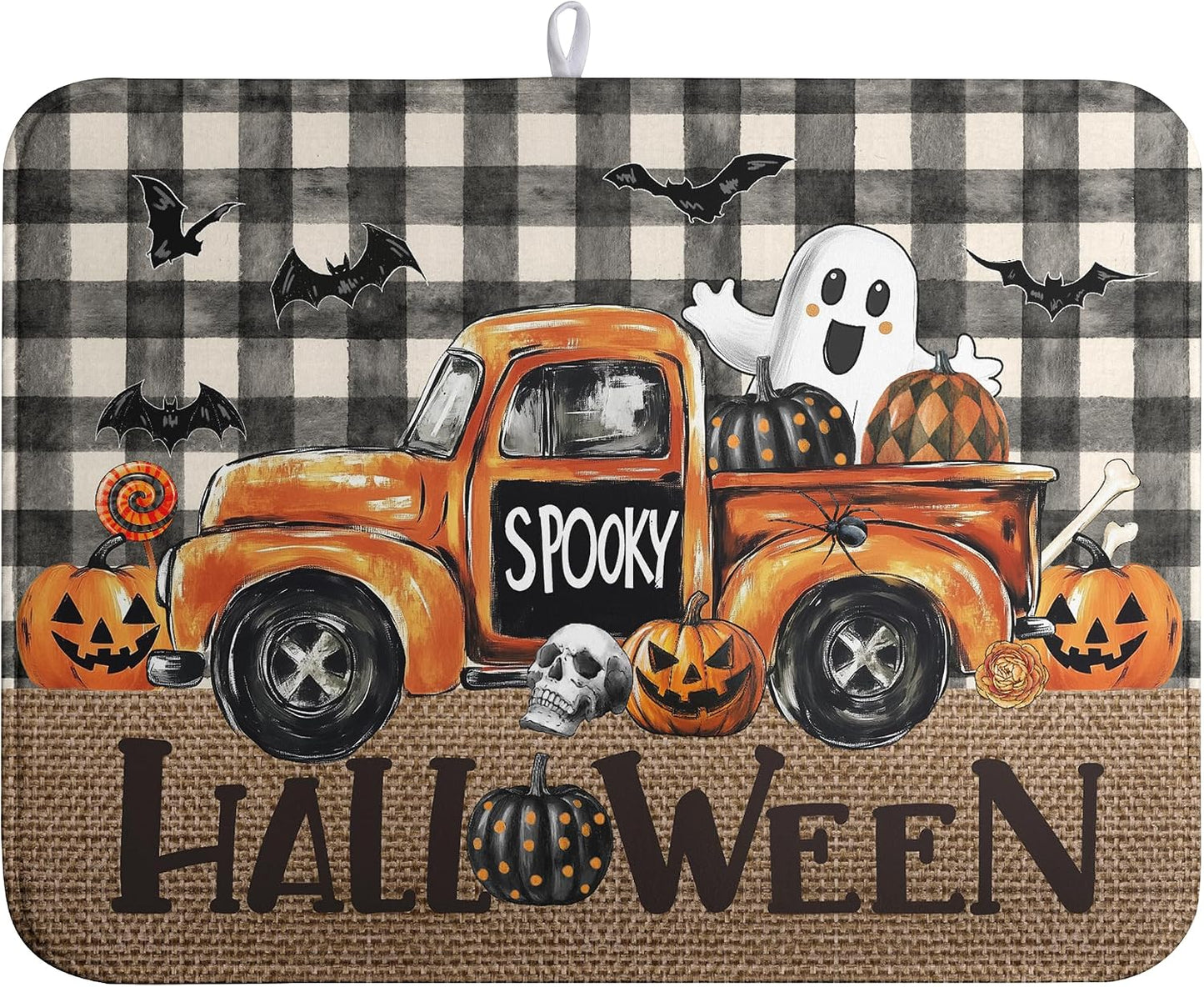 Halloween Buffalo Plaid Dish Drying Mat Fall Pumpkin Rustic Large Kitchen Mats Dish Drying Pad Absorbent Dish Dryer Mat for Kitchen Countertops Microfiber Drainer Pad Dish Drying Mats (18x24 in)