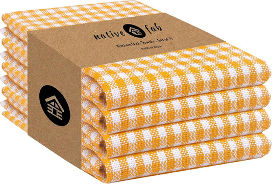 Native Fab 4 Pack Yellow Gingham Cotton Dish Towels 16"x26" - Absorbent Kitchen Linen Towels with Hanging Loop, Dishcloths