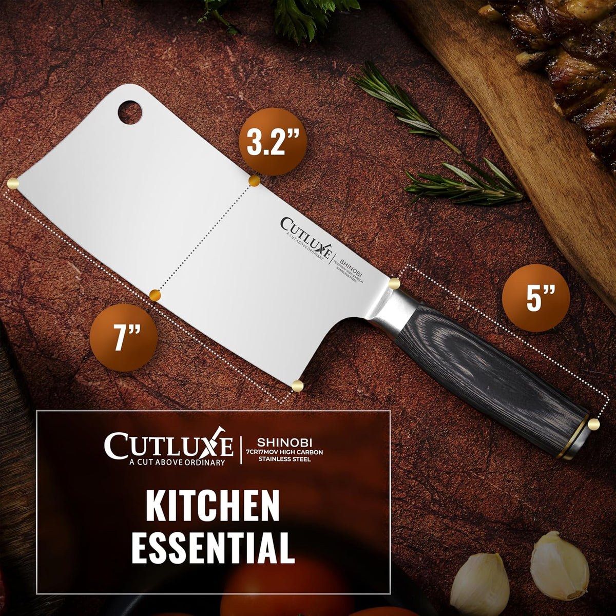 Cutluxe Meat Cleaver Knife, 7" Butcher Cleaver – Ultra Sharp Japanese Blade