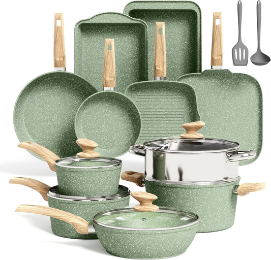 Kitchen Academy 17 Pieces Induction Cookware Set with Griddle, Green Granite Pots and Pans Set Non Stick, Healthy Nonstick Cooking Pans Set