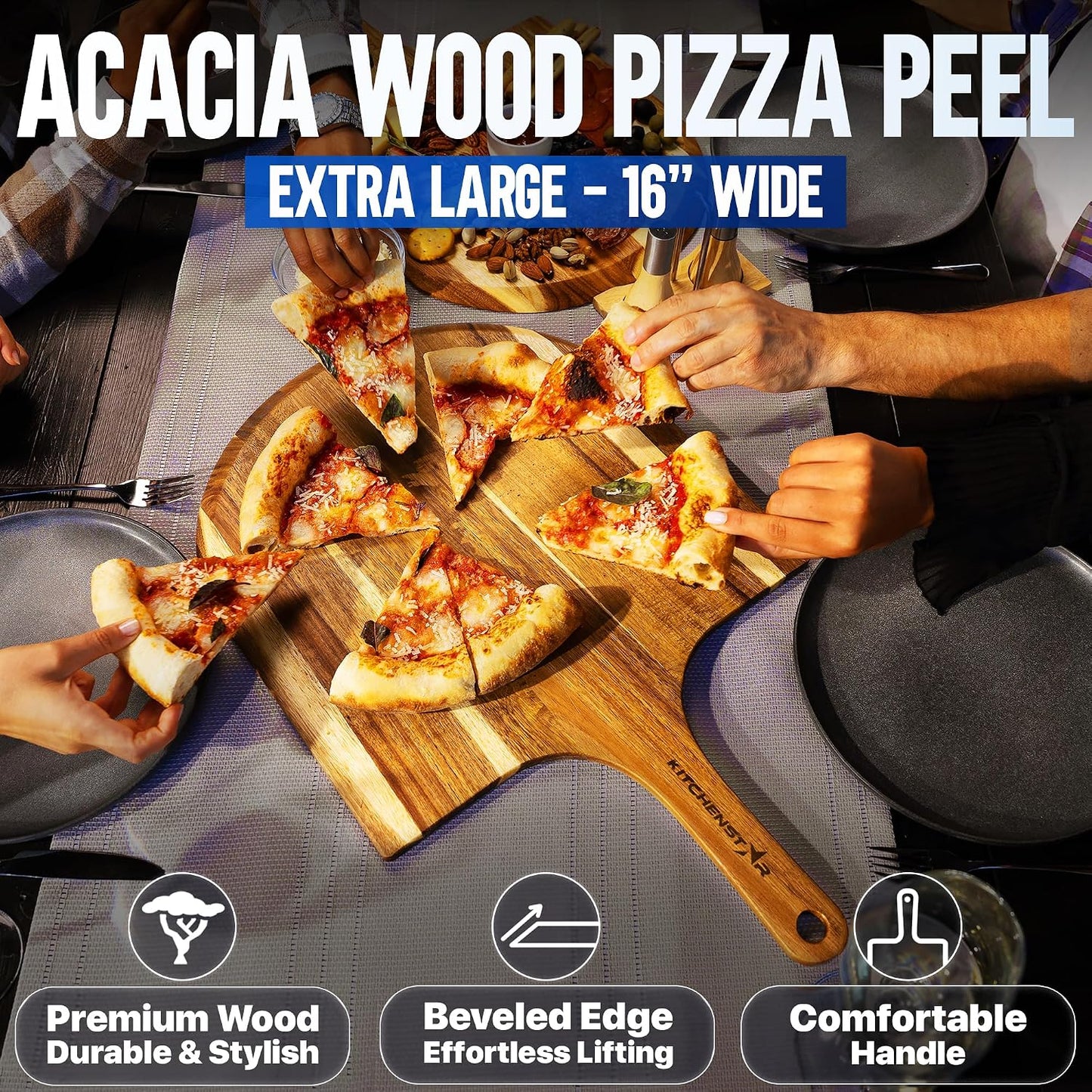 Pizza Stone Set for Oven and Grill – 16 Inch Cordierite Baking Stone, 1800°F Resistant, 6-Piece Kit with Acacia Wood Pizza Peel, Cutter Rocker, Steel Rack &amp; Cleaning Brush