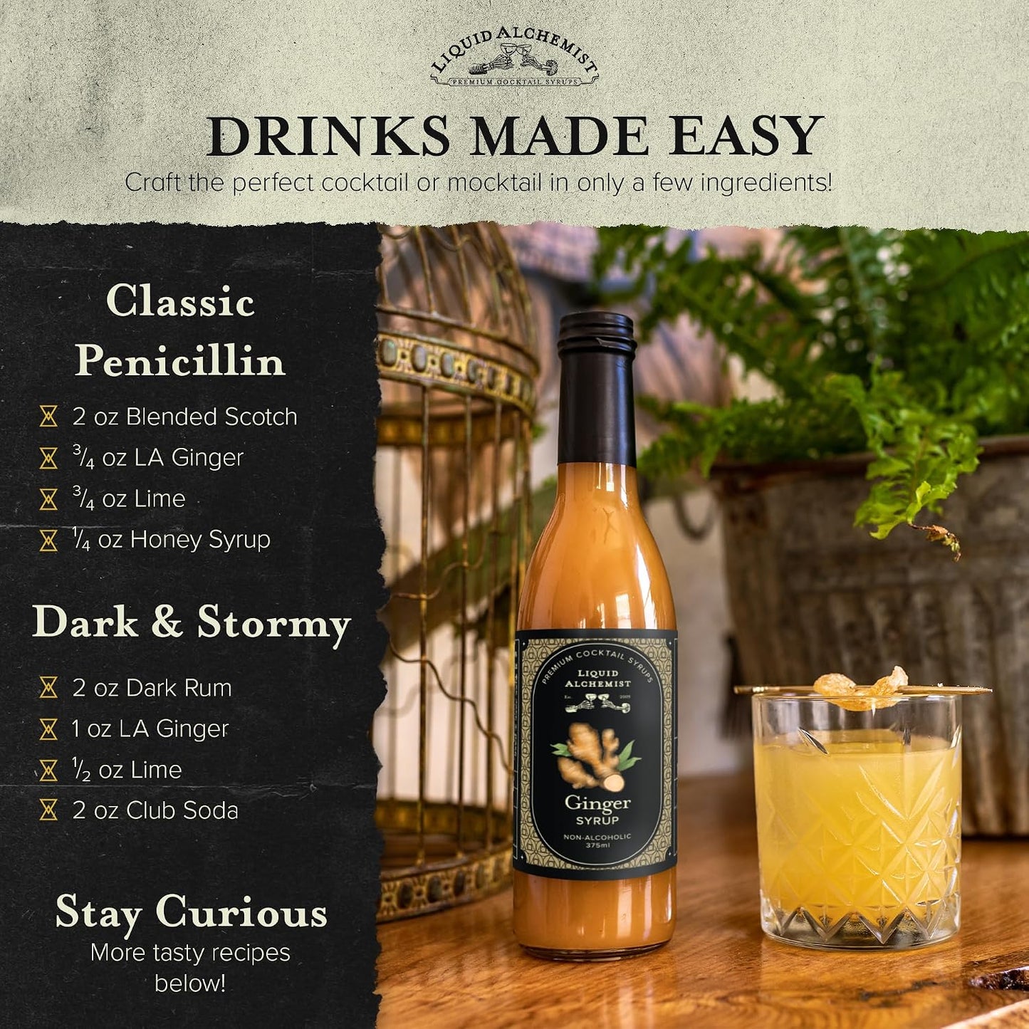 Liquid Alchemist Ginger Syrup for Cocktails | Real Ingredients Make our Liquid Ginger Puree for Cocktails the Perfect Moscow Mule Syrup | Small Batch, Non-GMO &amp; Vegan | 25.4 oz Drink Mixer, Pack of 1