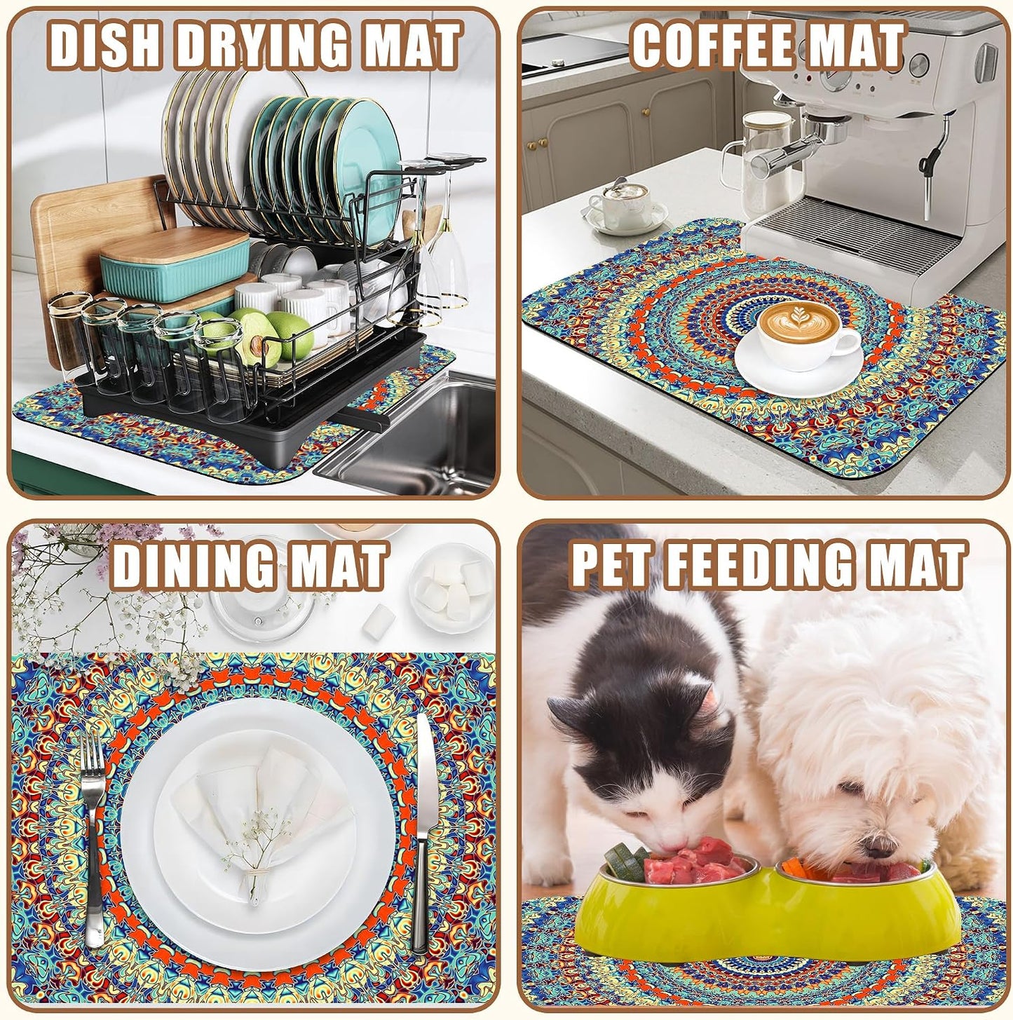 Boho Mandala Ethnic Coffee Mat Absorbent Dish Drying Mat for Kitchen Counter Hide Stain Rubber Backed Coffee Bar Accessories Fit Under Espresso Machine Dish Drainer 11.8 x 19.7 Inch