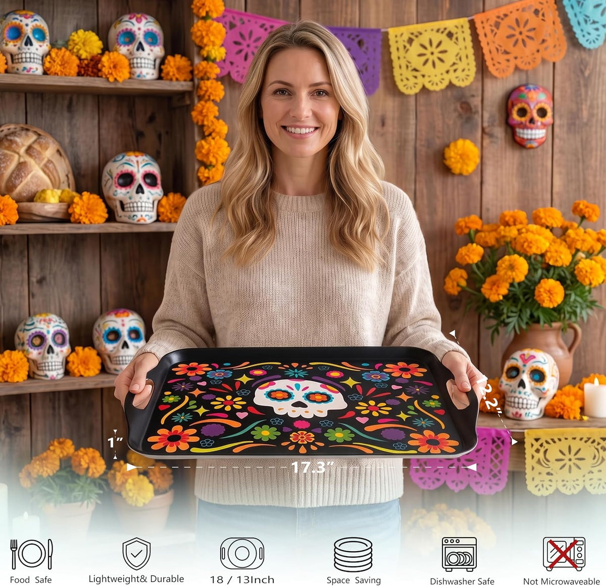 Oasis Choice 2-Pack Dia de Los Muertos Serving Trays, 17.3"×12.2" Calavera Sugar Skull Platters, Durable Bamboo Fiber, Dishwasher Safe for Fiesta &amp; Day of the Dead (Calavera Vibrant, 17inch)