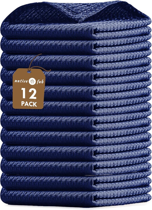 Native Fab Waffle Dishcloths 12 Pack - 100% Cotton, Ultra Absorbent Dish Cloths for Kitchen Cleaning, Drying, and Cooking -