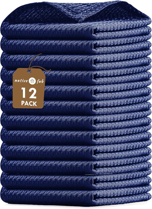 Native Fab Waffle Dishcloths 12 Pack - 100% Cotton, Ultra Absorbent Dish Cloths for Kitchen Cleaning, Drying, and Cooking - Soft and Durable Towels for Everyday Use, 12x12 inch - Ink Blue