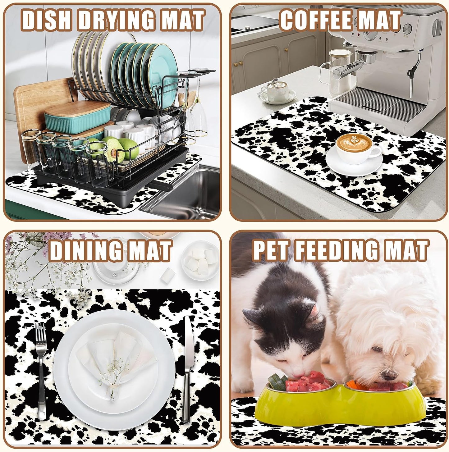 Dish Drying Mat Cow Print Coffee Bar Mat for Countertop Absorbent Hide Stain Rubber Backed Dish Drainer Rack Pad Espresso Machine Dining Room Decoration 11.8 x 19.7 Inch
