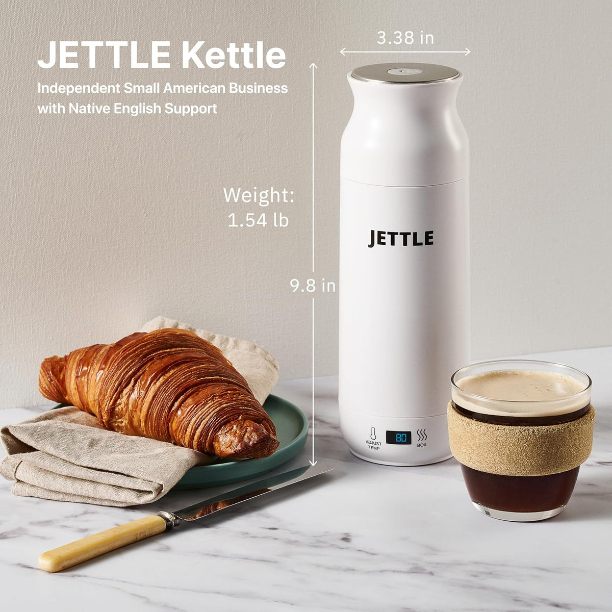 Jettle Portable Electric Kettle, 450ml Travel Water Boiler with LED, White | 304 stainless steel interior, 12 temperature settings, auto shut-off, dry-boil protection, ideal for coffee, tea and travel