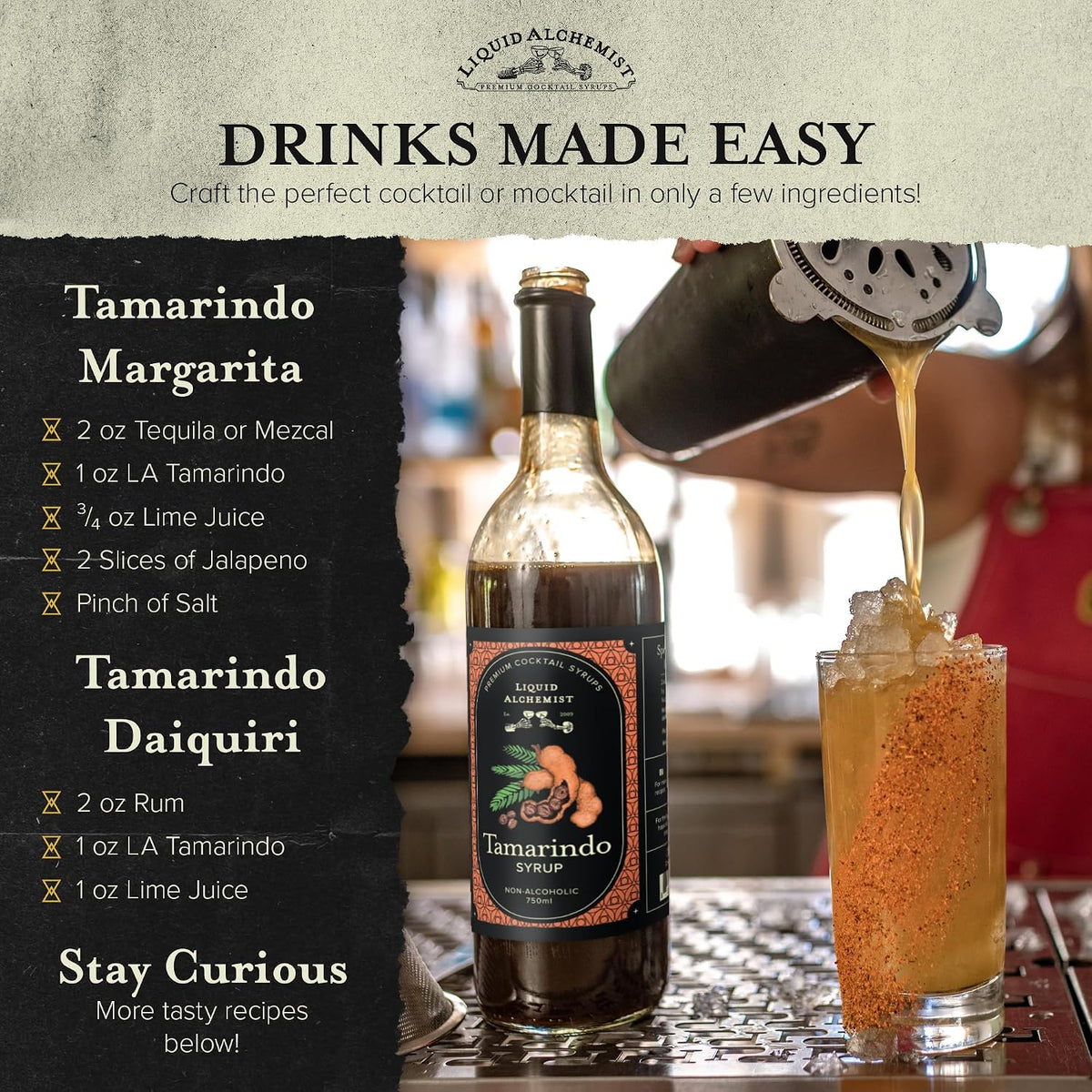 Liquid Alchemist Tamarind Syrup for Cocktails | Real Ingredients Make our Tamarind Puree the Perfect Spicy Margarita Mix | Small Batch, Non-GMO &amp; Vegan | 25.4 Oz Drink Mixer, Pack of 1