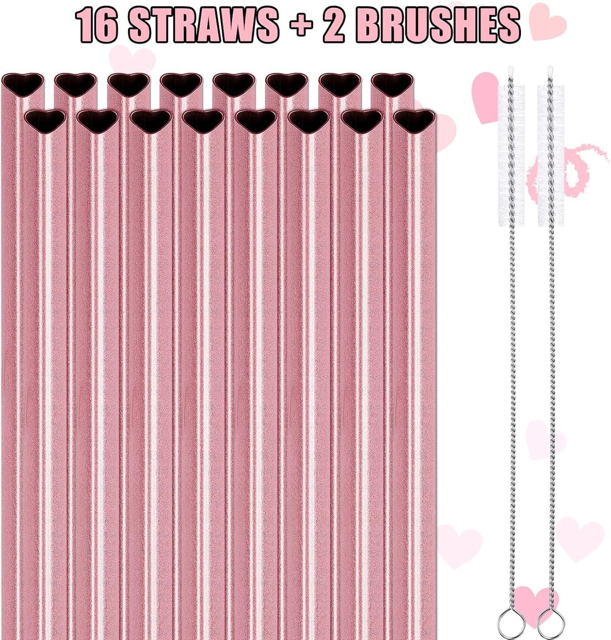NiHome 8.5” Heart-Shaped Stainless Steel Straws Fit for Smoothie, Cocktails | 16-Pack Metal Straws with 2 Brushes for Holiday, Valentine’s Day, Reusable Drinking for Smoothie Milkshake (Pearl Pink)