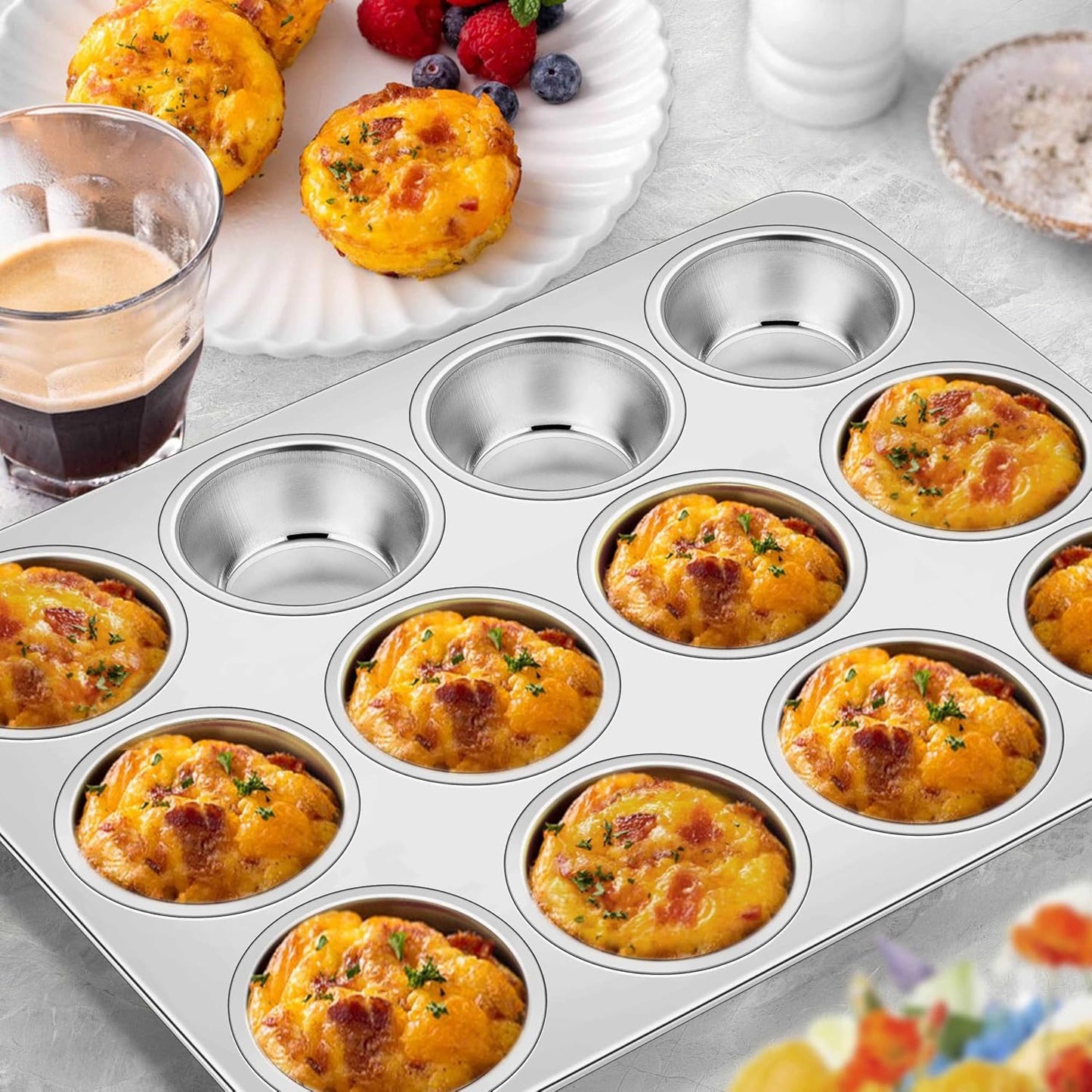Homikit Stainless Steel Muffin Cupcake Pan 12 Cups, Non Toxic &amp; Heavy Duty | 1PC Nonstick Cupcake Baking Tins Regular Size, 13.8 x 10.4 Inch Metal Egg Bites Tray for Oven, Easy Release, Dishwasher Safe