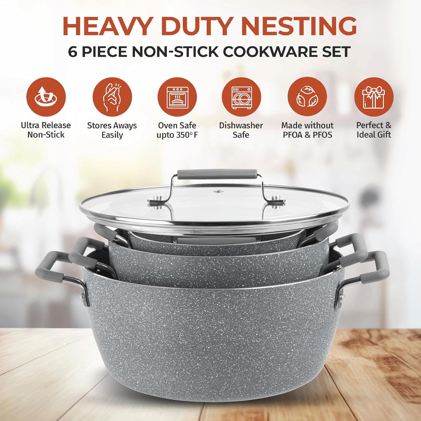 Granitestone Gray Pots and Pans Set Nonstick, 6 Stackable Piece Cooking Pots Set, Kitchen Pots, Non Stick Coating, 5qt 3