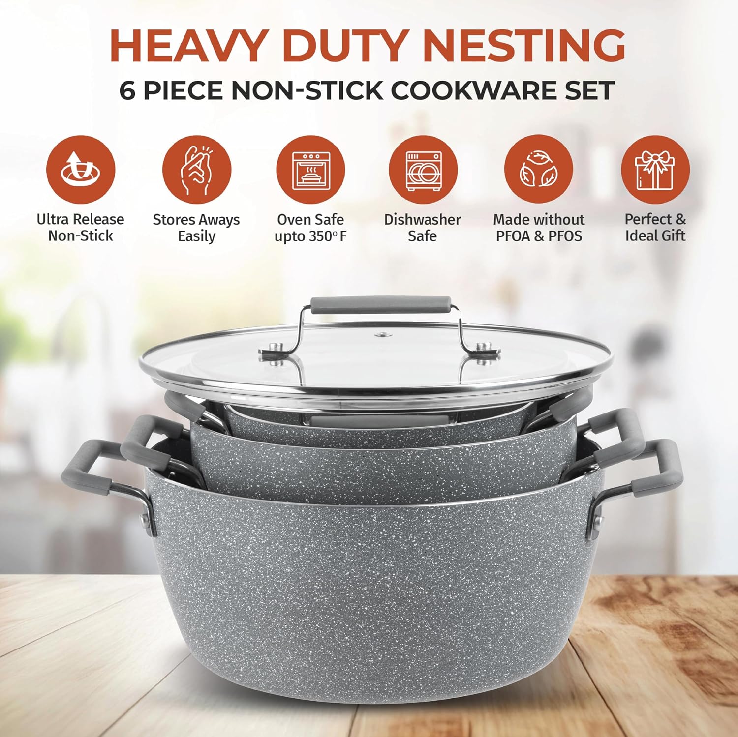 Granitestone Gray Pots and Pans Set Nonstick, 6 Stackable Piece Cooking Pots Set, Kitchen Pots, Non Stick Coating, 5qt 3
