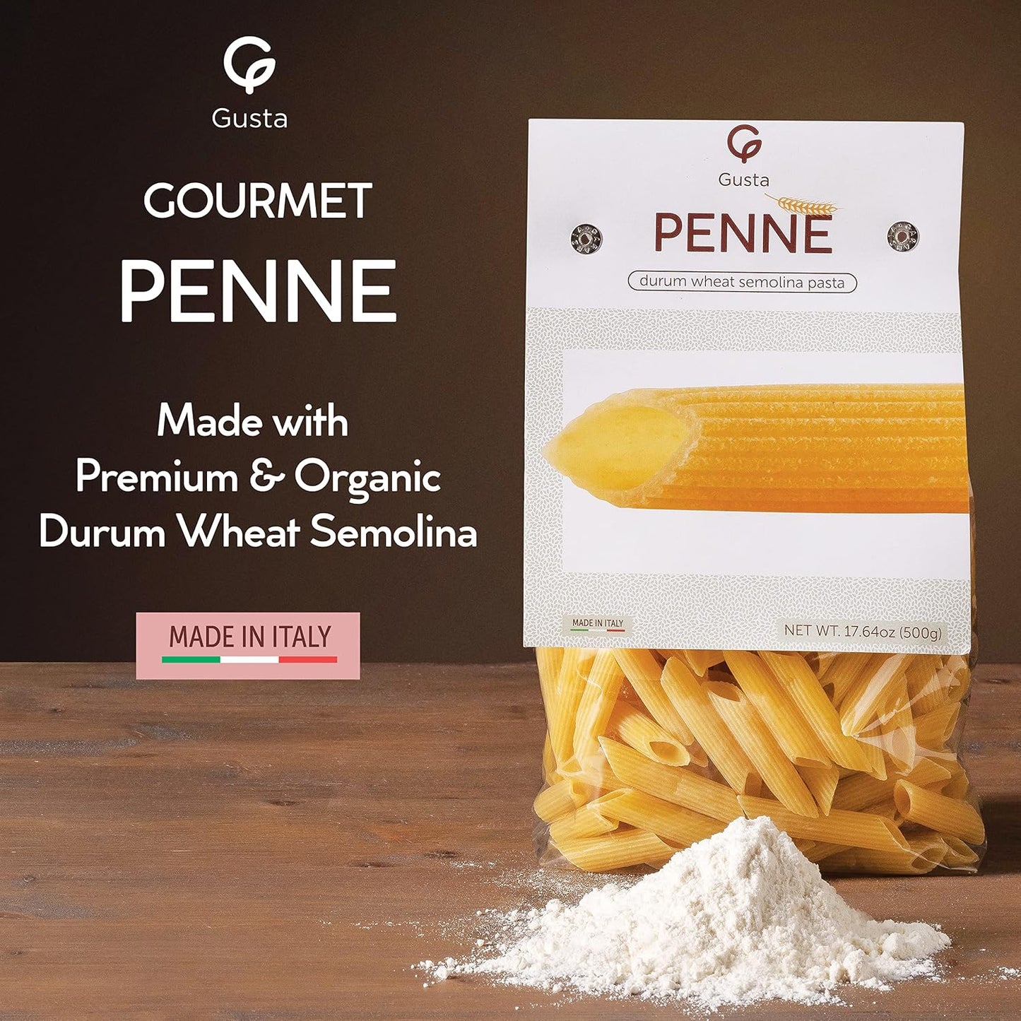 Gusta Penne Rigate Pasta - Premium Italian Pasta from Italy - Durum Wheat Semolina Organic "Al Dente" Pasta - Non-GMO &amp; Gourmet Pasta - Family Owned Brand - 17.64oz / 500g (2 Pack)