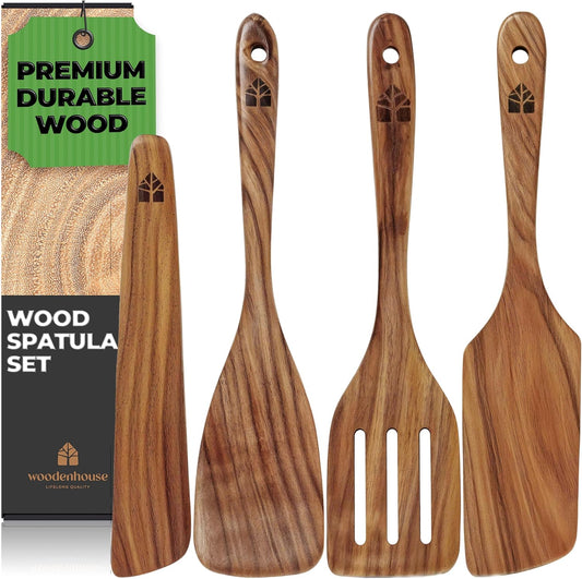Wooden Spatula for Cooking, Teak Spatulas for Kitchen Use - Wooden Cooking Utensils Set of 4 including Paddle, Turner,