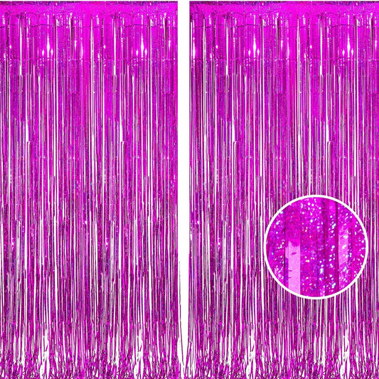 BRAVESHINE Hot Pink Tinsel Foil Fringe Curtains - 2Pcs 3.2x8.2ft Metallic Party Streamers Backdrop for Girl Birthdays