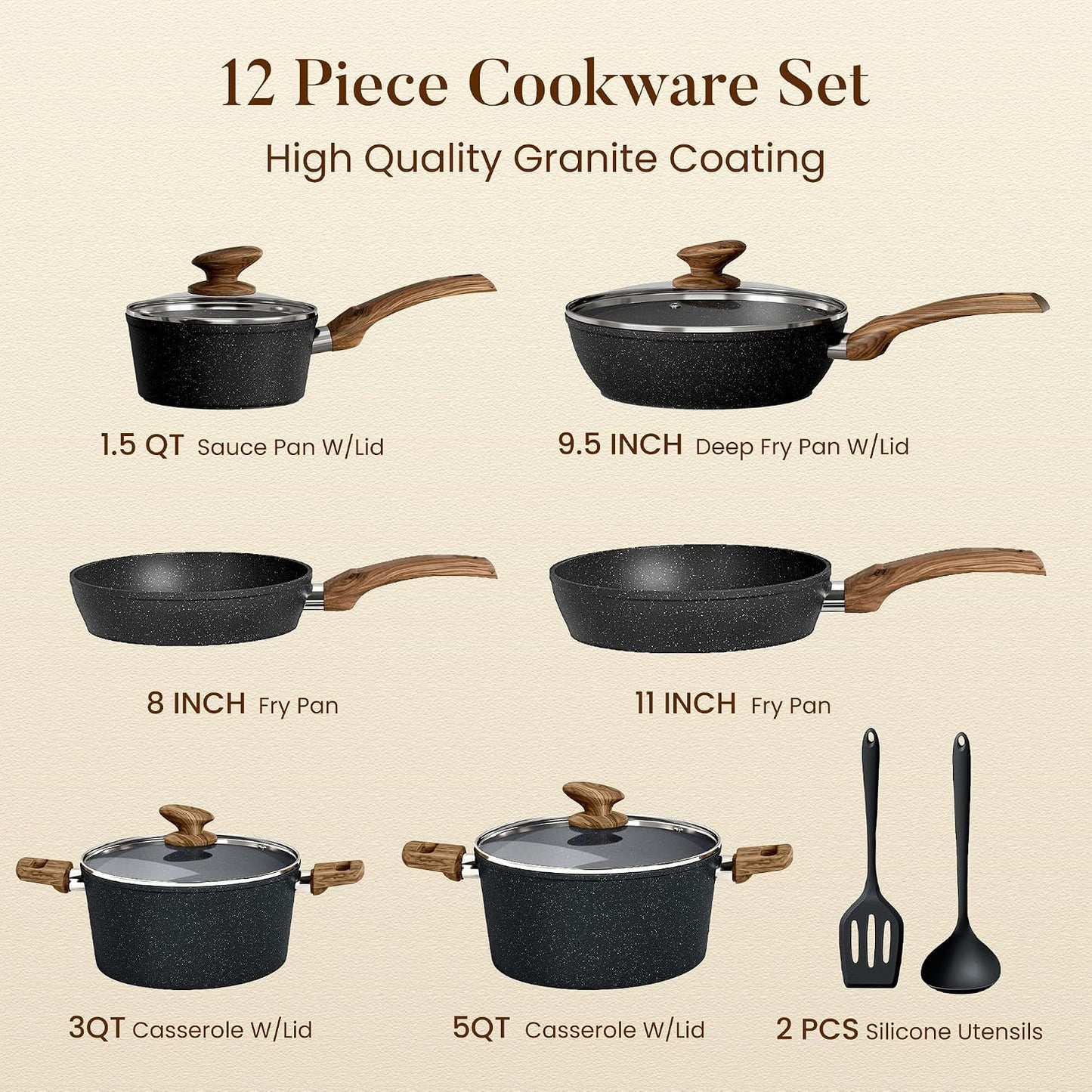 Kitchen Academy Pots and Pans Set Non Stick, 12pcs Induction Cookware | Nonstick Kitchen Cookware Set, Black Granite Coo