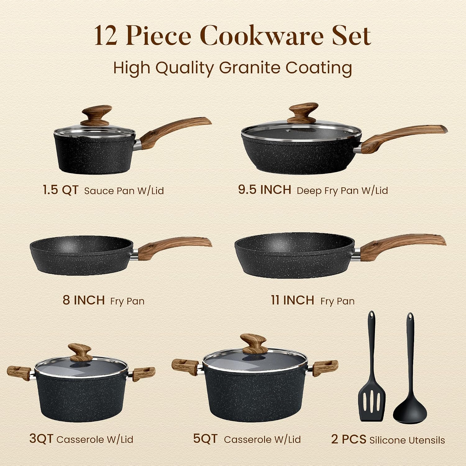 Kitchen Academy Pots and Pans Set Non Stick, 12pcs Induction Cookware | Nonstick Kitchen Cookware Set, Black Granite Coo