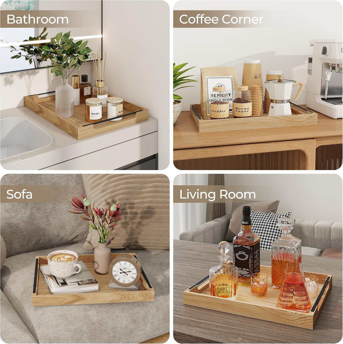 Axeman Wooden Serving Tray with Metal Handles|Ottoman Tray for Breakfast, Bed, Couch|17x13in Ash Wood Coffee Table Trays|Food Drinks Decorative Storage Boards for Ottoman Kitchen, Natural