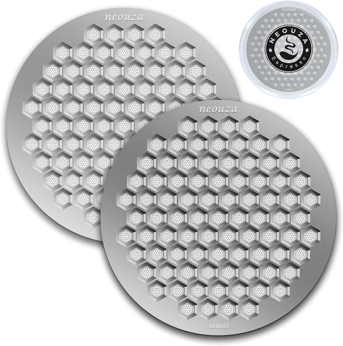 NEOUZA V4 Espresso Puck Screen 0.8mm Thickness Honeycomb Mesh Double Layer Black Protective Coating for Coffee Portafilter Basket (2, Silver, 51mm)