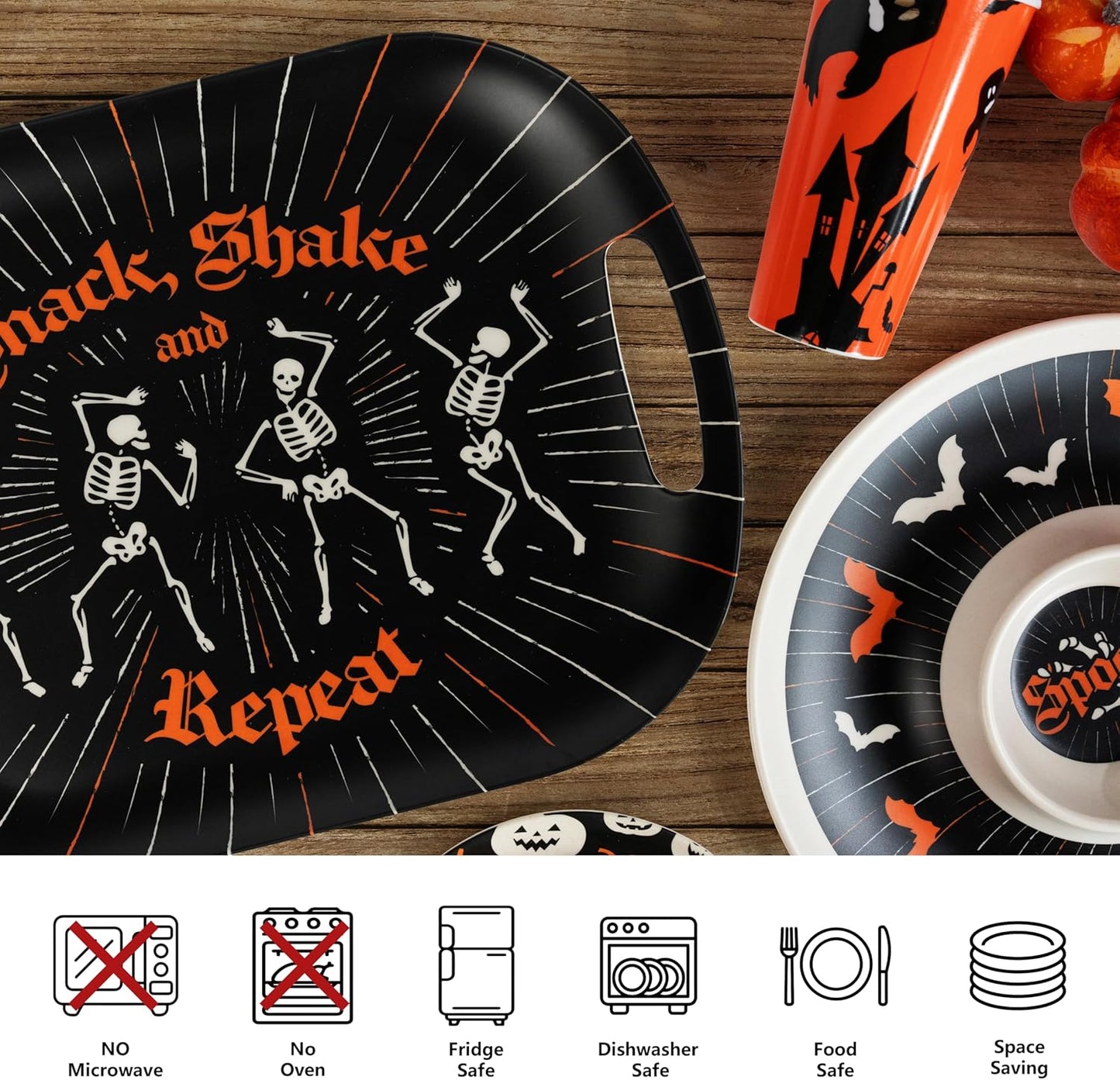 Oasis Choice 2-Pack Halloween Skeleton Serving Trays, 18" Large Handled Tray & 13" Chip & Dip Platter for Horror Party, BBQ