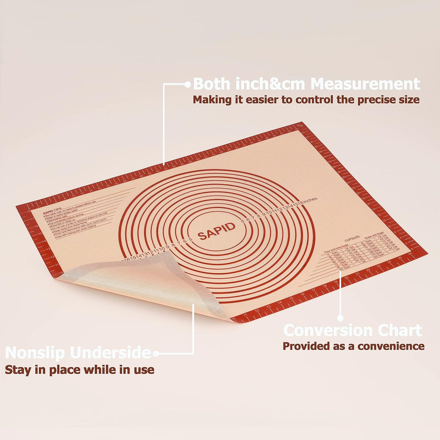 Sapid Thick Silicone Pastry Mat Baking Dough Rolling Extra Large 20" x 28" | Non-slip with Measurements for Non-stick Dough Rolling, Pie Crust, Kneading Mats, Countertop, Placement Mats (Red)
