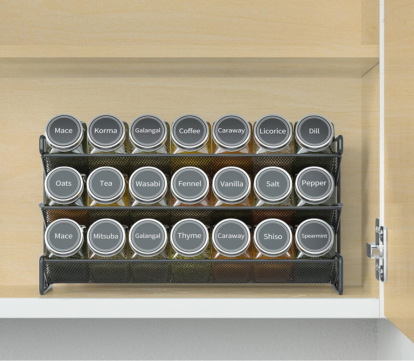 SpaceAid Spice Rack Organizer with 21 Spice Jars, 386 Spice Labels, Chalk Marker and Funnel Set for Cabinet, Countertop, Pantry, Cupboard or Door &amp; Wall Mount - 21 Jars, 13.4" W × 9" H, Black