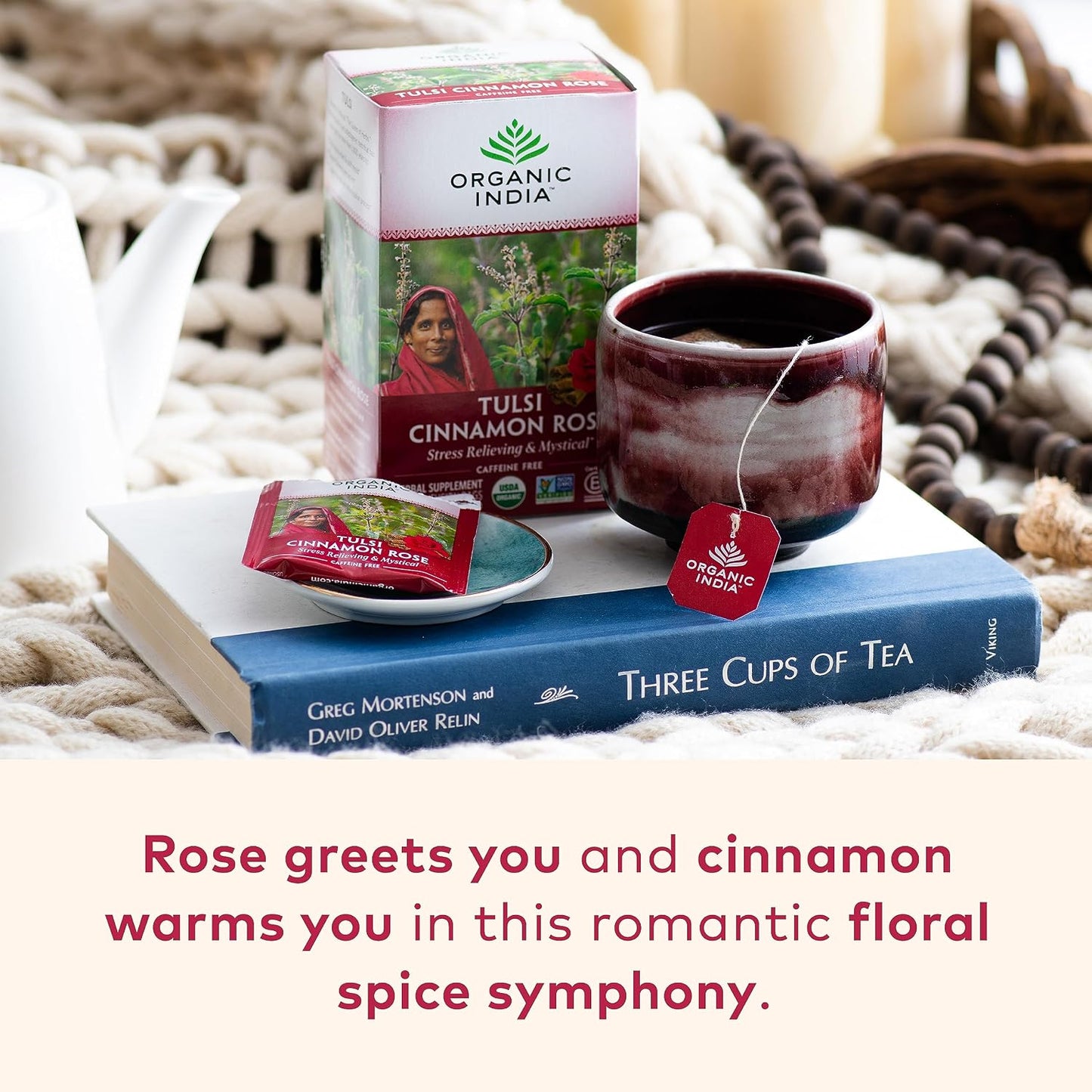 Organic India Tulsi Cinnamon Rose Herbal Tea - Holy Basil, Stress Relieving &amp; Mystical, Immune Support, USDA Certified Organic, Supports Sugar Metabolism, Caffeine-Free - 18 Infusion Bags, 6 Pack