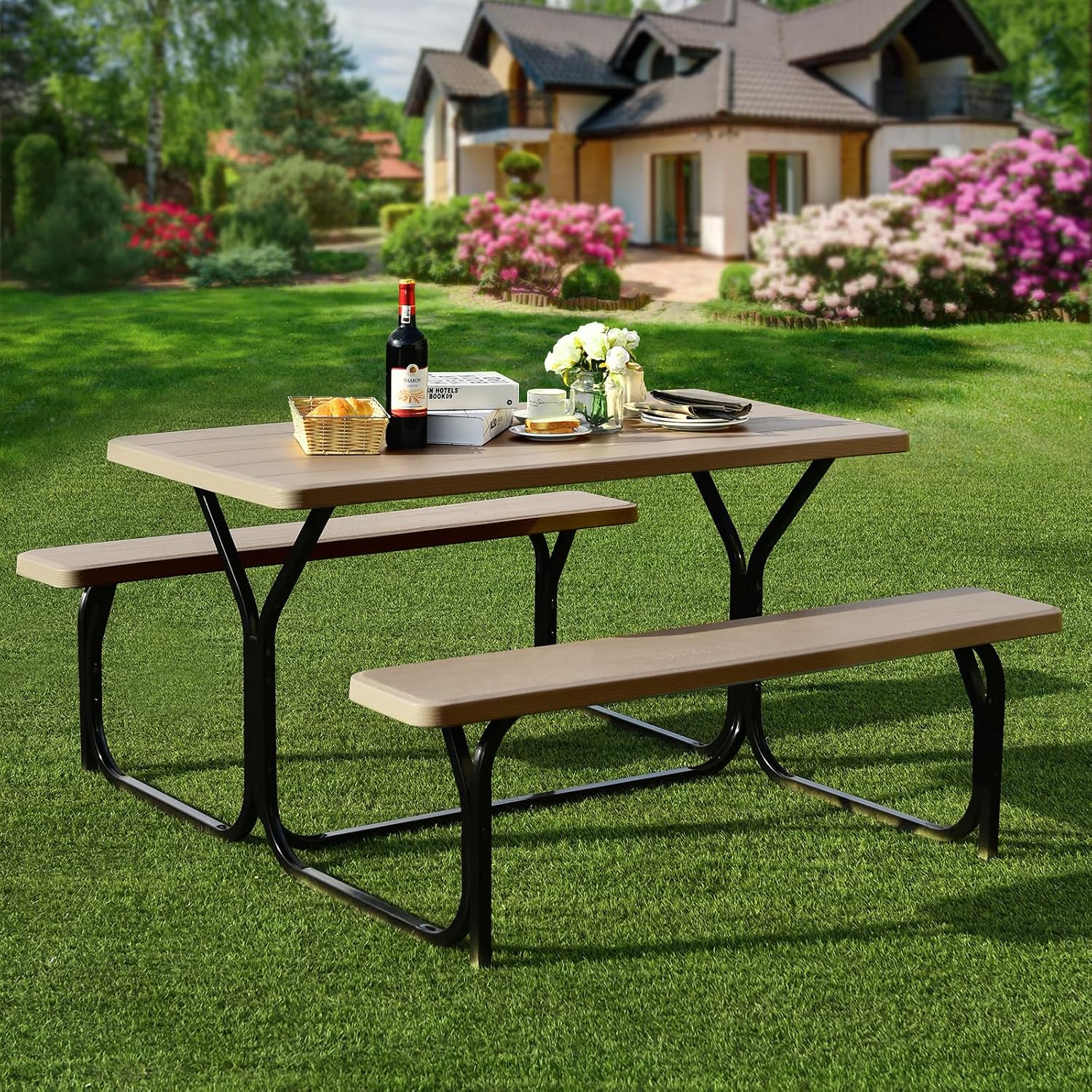 Giantex Picnic Table Bench Set Outdoor Camping All Weather Metal Base Wood-Like Texture Backyard Poolside Dining Party G