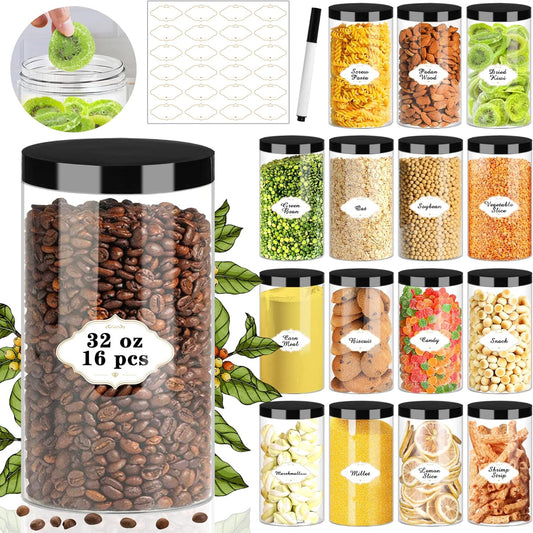 Plastic Jars with Lids, 16 Pcs 32 OZ Large Plastic Storage Jars with Black Leakproof Lids Cylinder Plastic Storage Container