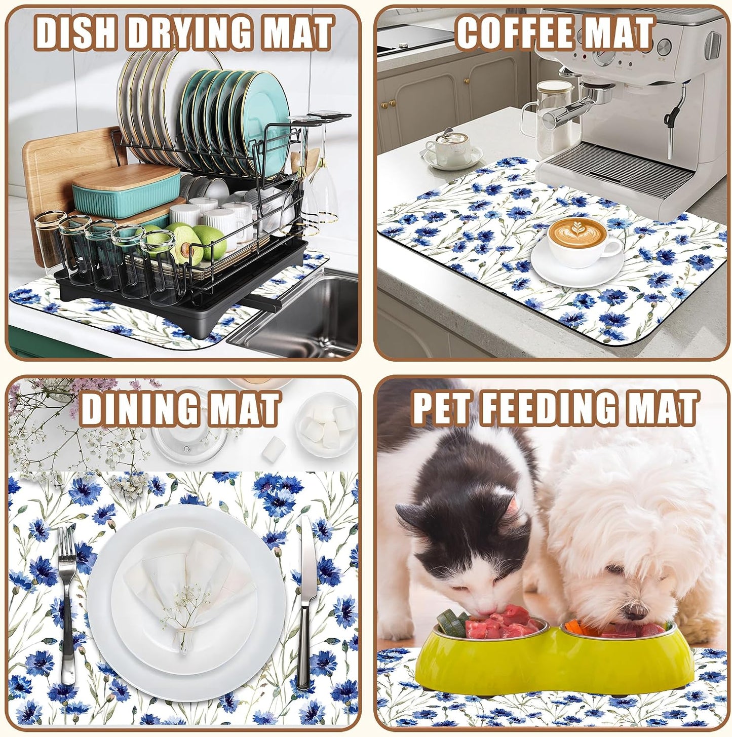 Watercolor Blue Cornflower Dish Drying Mat for Kitchen Counter Floral Coffee Bar Mat Hide Stain Absorbent Rubber Backed Drying Rack Pad Coffee Pot Espresso Machine Table Accessories 11.8 x 19.7 Inch