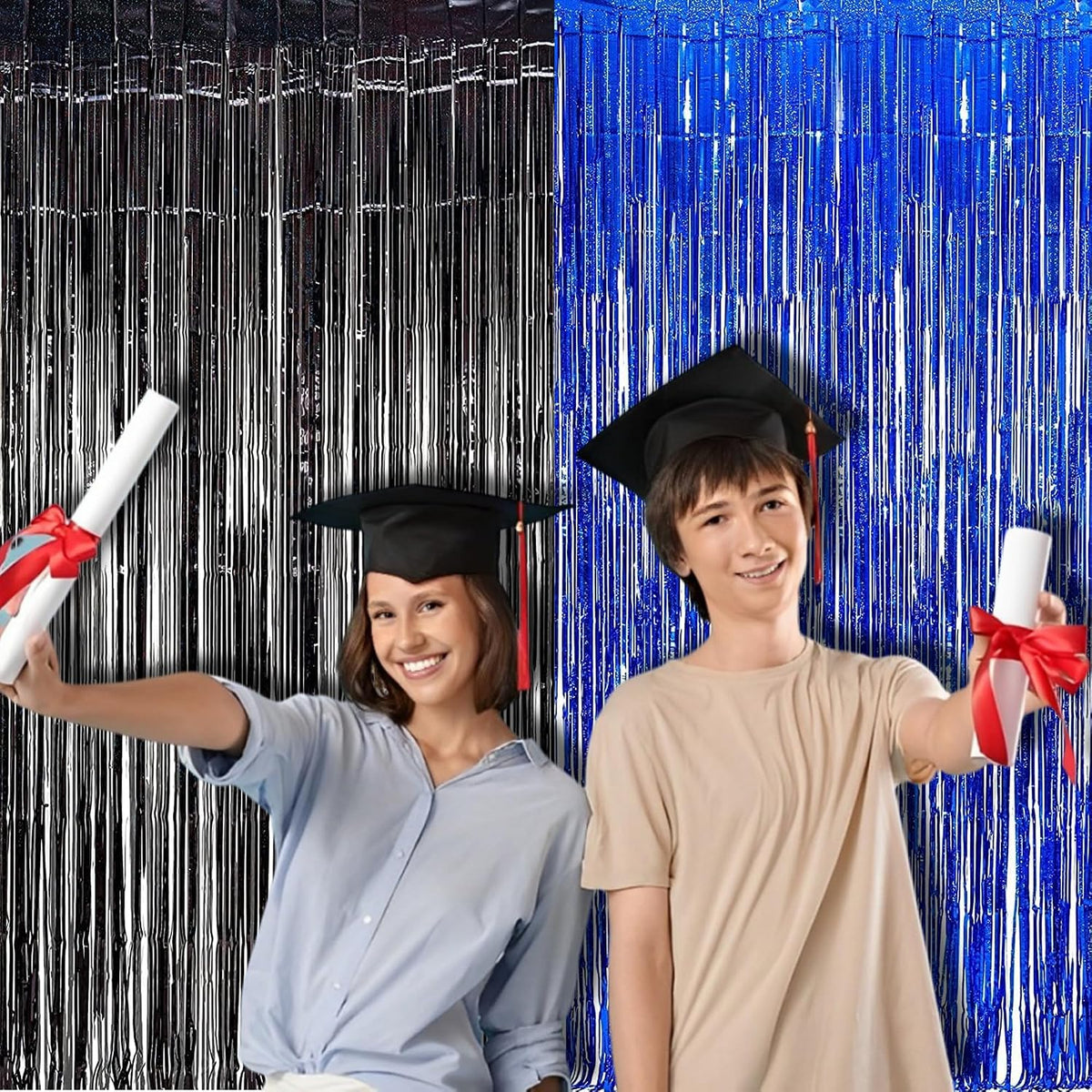 BRAVESHINE Foil Fringe Curtains | Metallic Tinsel Party Steamers Backdrop | Black Blue | 3.2x8.2ft | for Graduation/16th/30thBoy/Men/Birthday/Retirement/Homecoming/Ocean/Bachelorette Party Decorations
