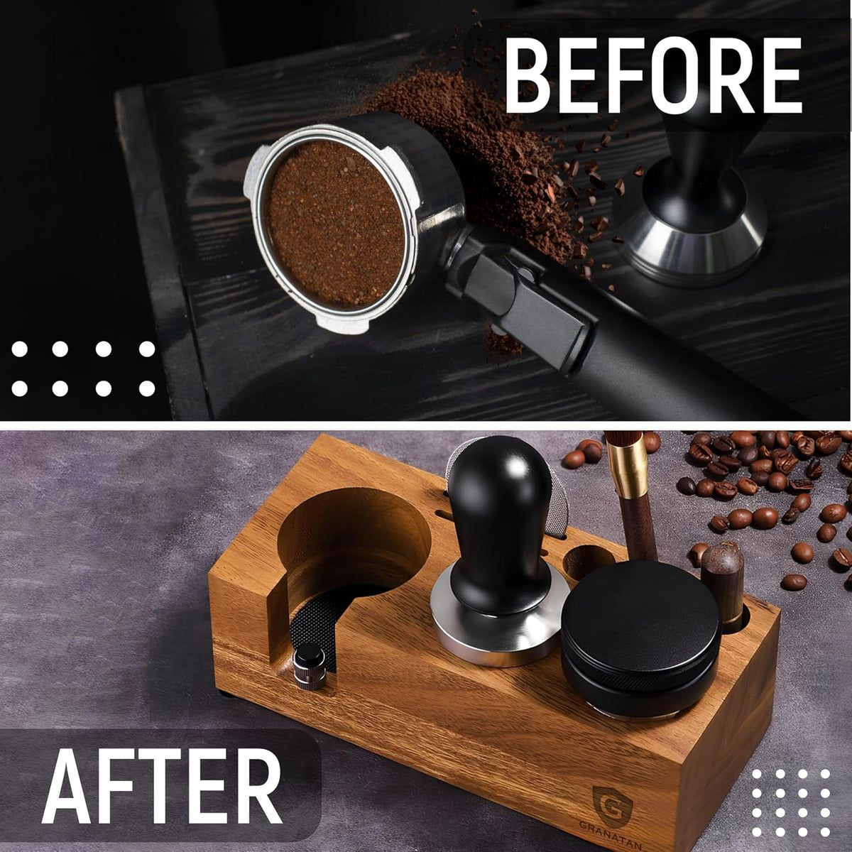 Espresso Tamping Station for 54 mm and 58 mm Portafilters | Acacia Wood Coffee Tool Organizer with Adjustable Support and Rubber Feet