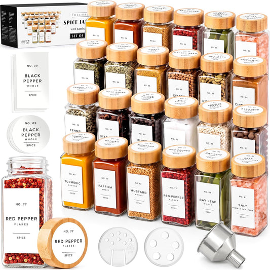 EDELHAUS Glass Spice Jars with Label, 24x Bamboo Wooden Lids - White Labels