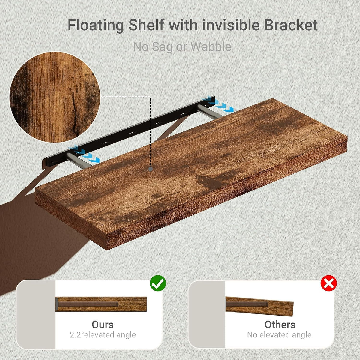 Vivelove Deep Floating Shelves for Wall 24 inches Set of 2, Rustic Brown