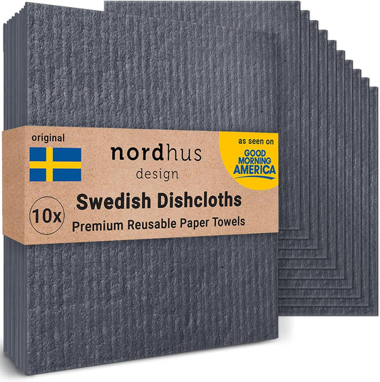 Nordhus Design Swedish Dishcloths, Black Charcoal/Dark Grey, 10-Pack, Reusable, Washable Cellulose Cotton Kitchen Cloths -