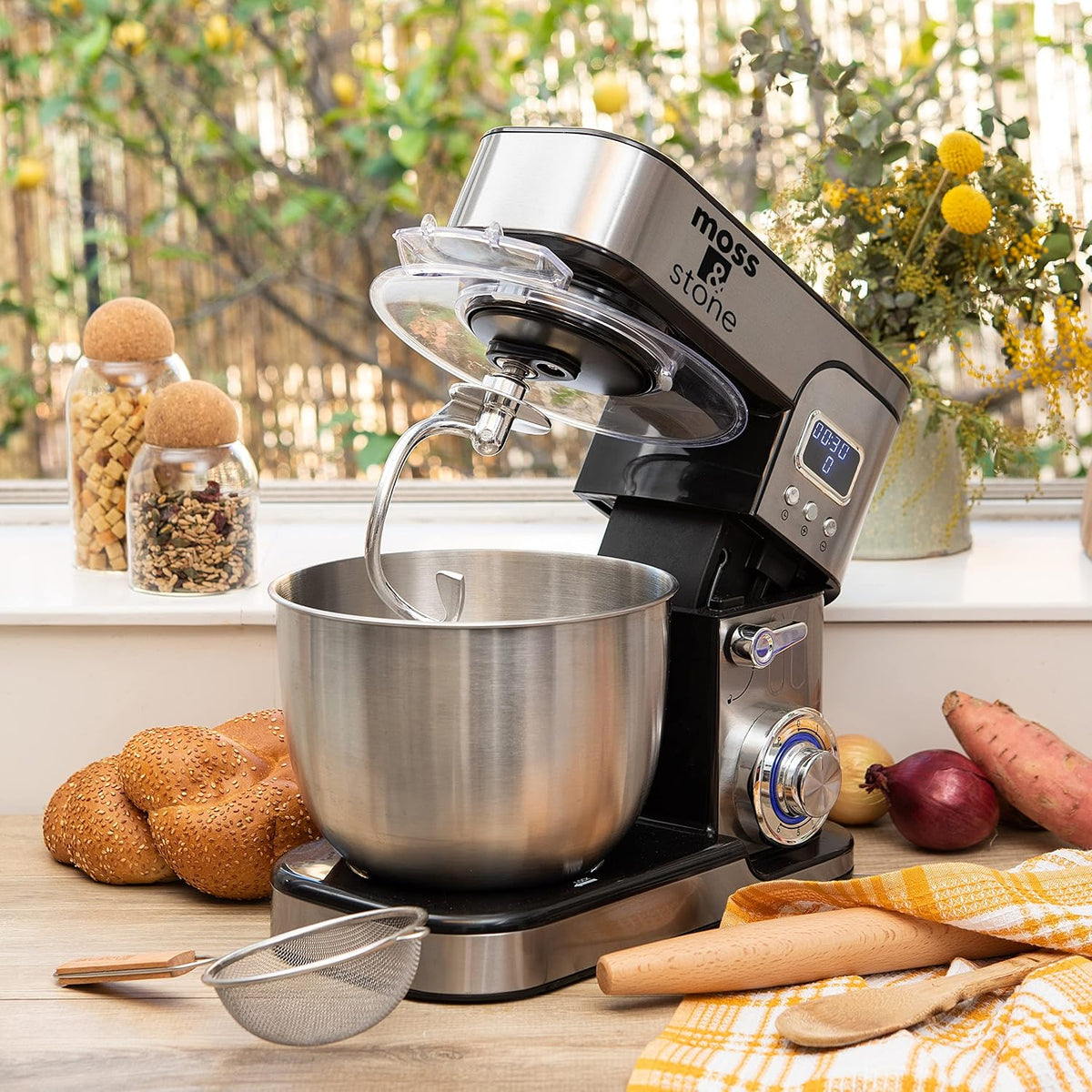 Moss &amp; Stone Stand Mixer With Lcd Display, 6 Speed Electric Mixer With 5.5 Quart Stainless Steel Mixing Bowl, Kitchen Mixer With Dough Hook, Egg Whisk, Beater &amp; Baking Spatula, Food Mixer With Timer
