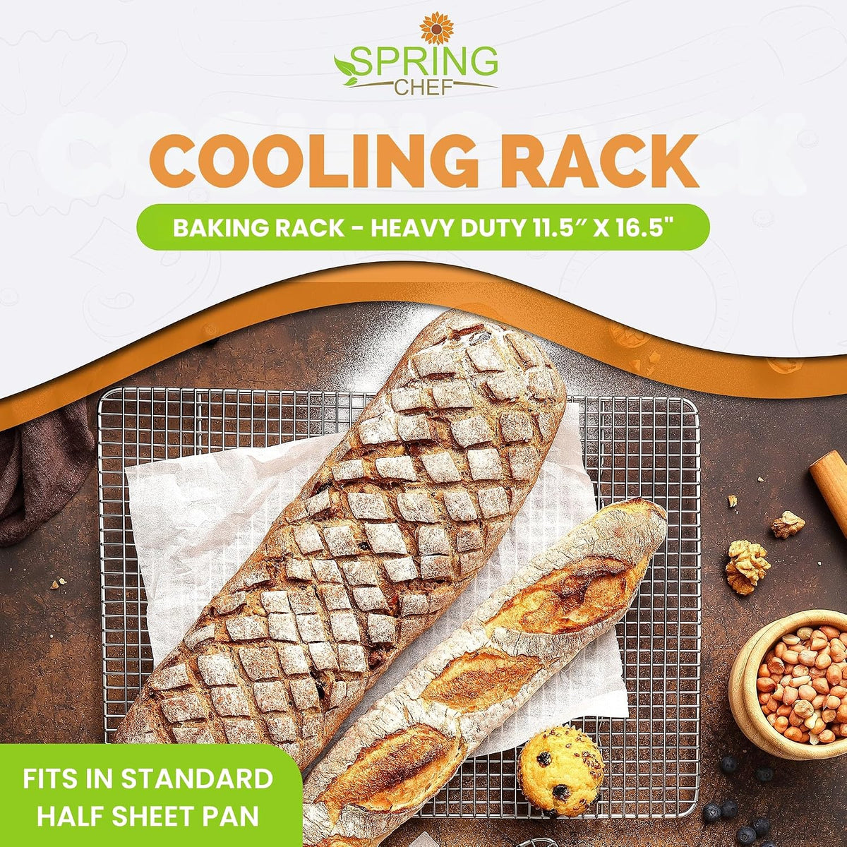 Spring Chef 11.5" x 16.5" Stainless Steel Cooling Rack for Baking, Set of 2 | Heavy Duty Grill Rack for Kitchen, Oven Safe Baking Rack, Fits Half Sheet Roasting Pan, Dishwasher Safe