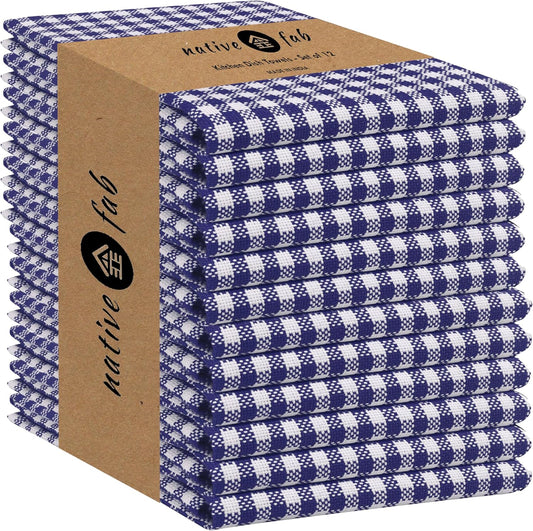Native Fab 12 Pack Gingham Mini Check Kitchen Dish Towel Cotton Durable Washable 16"x26" - Tea Towels, Soft Absorbent