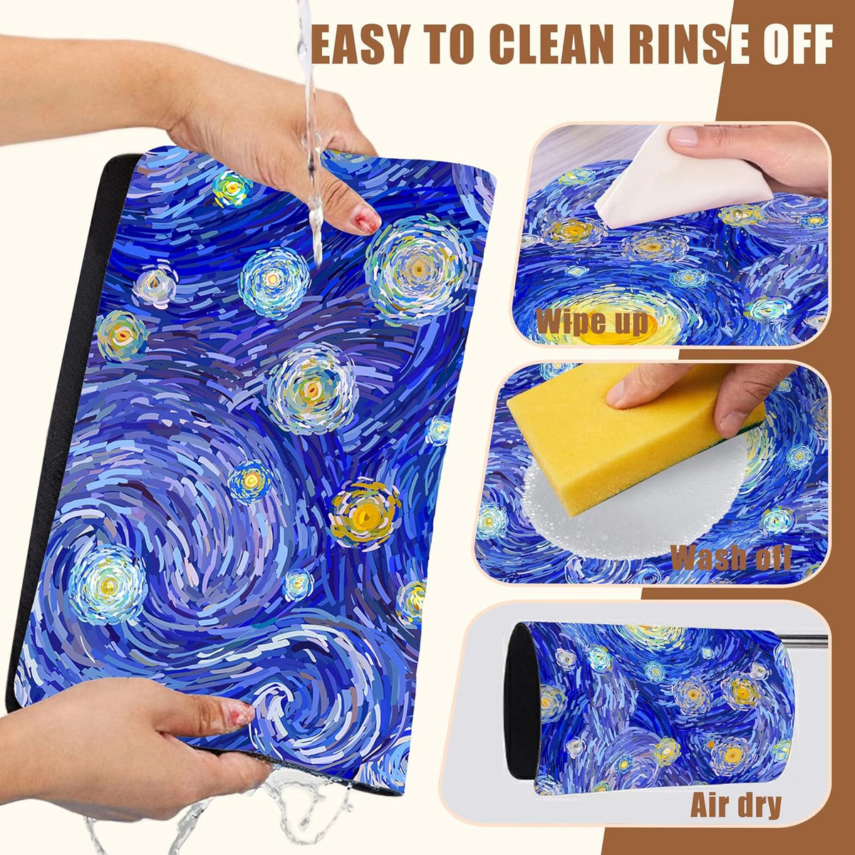 Starry Night Coffee Mat Absorbent Dish Drying Mat for Kitchen Counter Hide Stain Rubber Backed Coffee Bar Accessories Fit Under Espresso Machine Dish Rack, 15.7 x 23.6 Inch