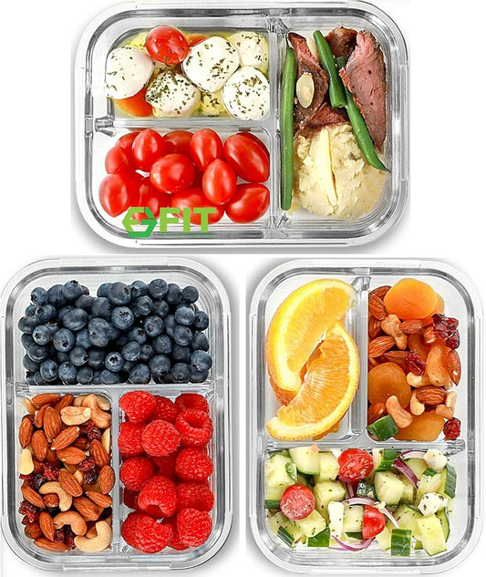FIT Strong & Healthy Glass Meal Prep Containers 3 Compartment - Bento Box Adult Lunch Containers – Glass Snack Container