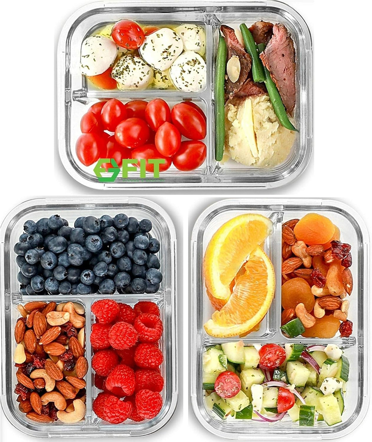Glass Meal Prep Containers 3 Compartment, 3 Pack 32 oz Leakproof Lids Blue | Glass Bento Box for Portion Control, Airtight Snap-Lock, BPA-Free, Microwave Oven Freezer Dishwasher Safe Lunch Containers