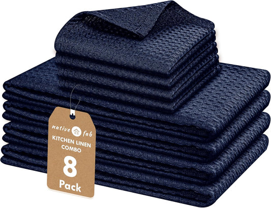 Native Fab 8 Piece Towel & Dish Cloth Set - 100% Cotton, Absorbent, Quick Drying, Durable Towels for Cleaning, Cooking,