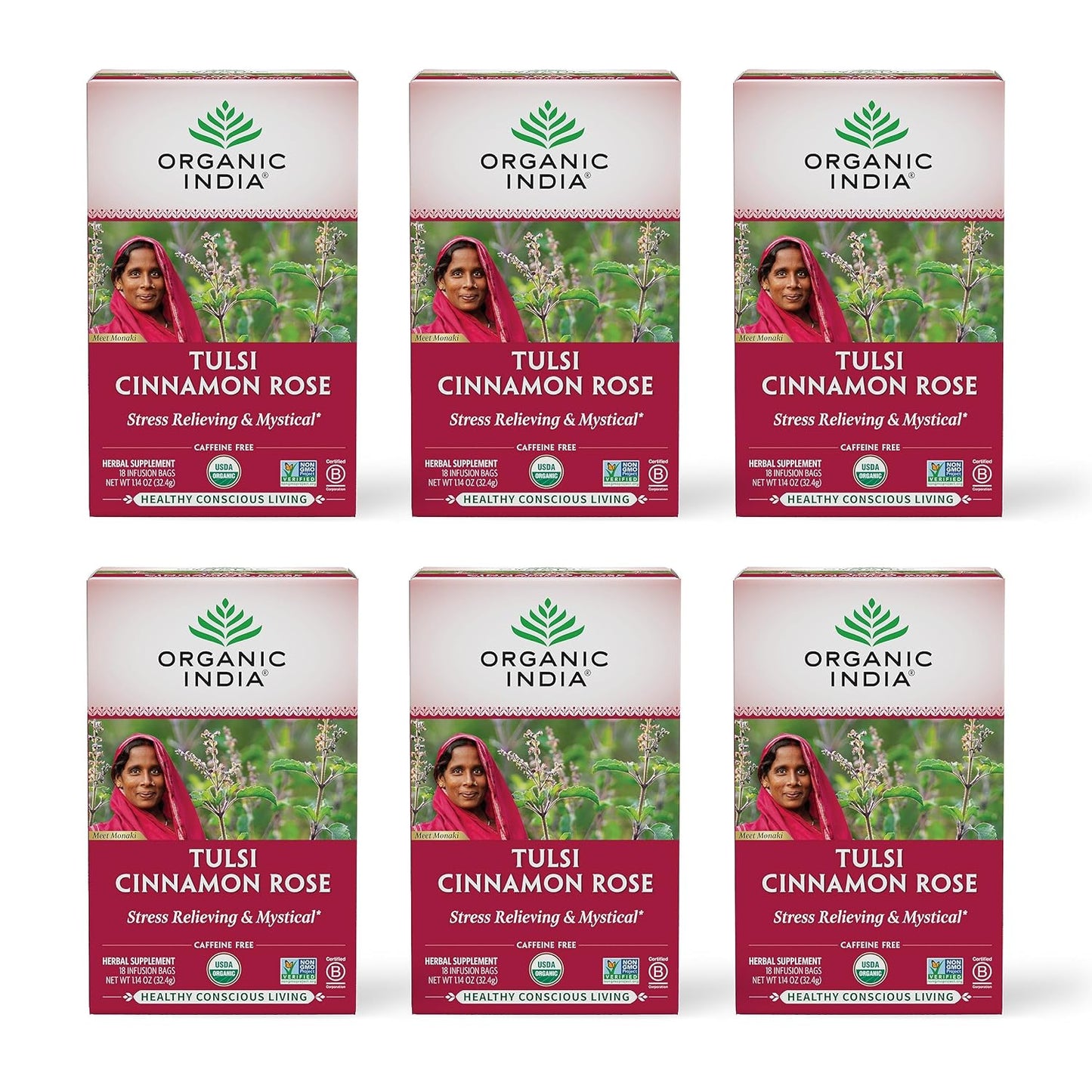 Organic India Tulsi Cinnamon Rose Herbal Tea - Holy Basil, Stress Relieving &amp; Mystical, Immune Support, USDA Certified Organic, Supports Sugar Metabolism, Caffeine-Free - 18 Infusion Bags, 6 Pack